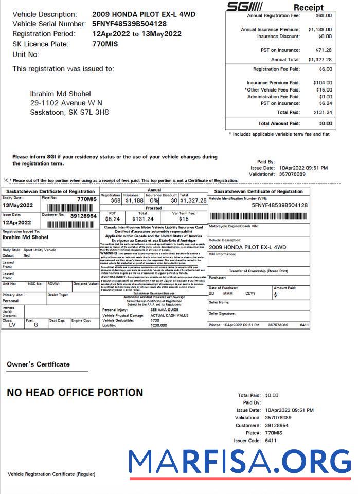 Downloadable Canada Saskatchewan certificate of vehicle registration download for verification